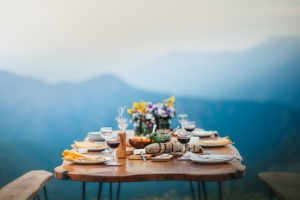 An outside table set up for a meal